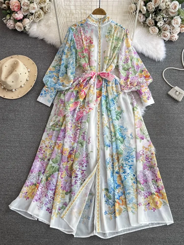 

2024 Fashion Bohemain Flower Maxi Dress Women's Stand Long Lantern Sleeve Single Breasted Floral Print Lace Up Loose Boho Robe