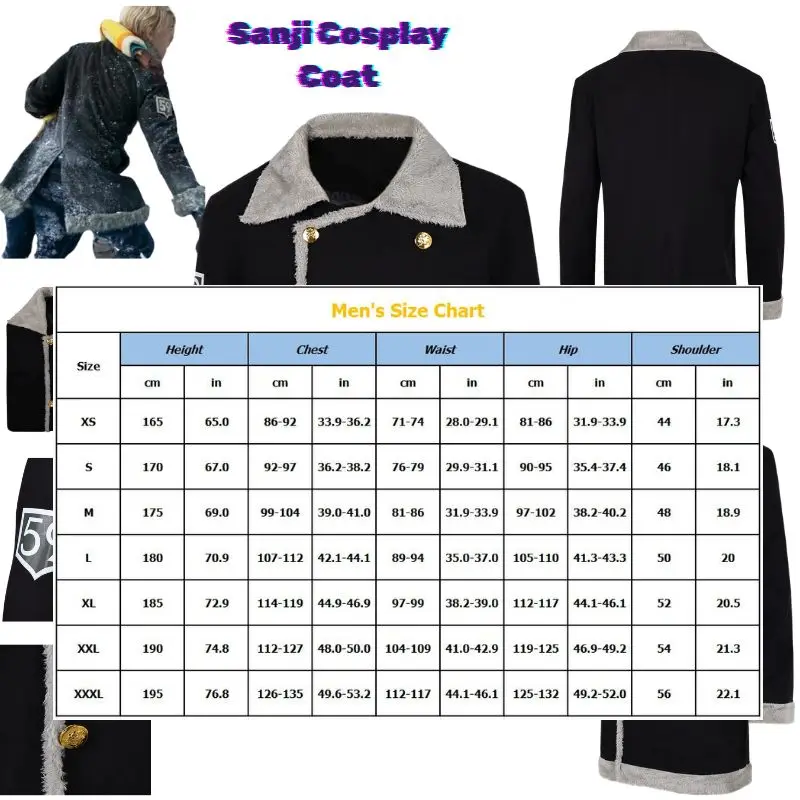 

Adult Male Sanji Cosplay Costume Halloween Live-Action Role Play Fancy Party Black Coat Jacket