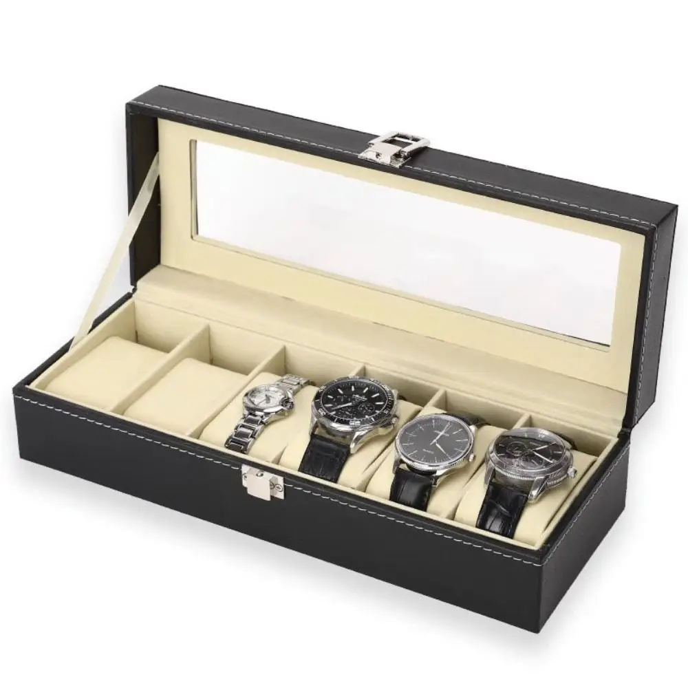 Lockable Watch Storage Box 2/3/6/10/12 Grids Removable Watch Pillows Jewelry Box with Large Glass Lid Leather Watch Display Box
