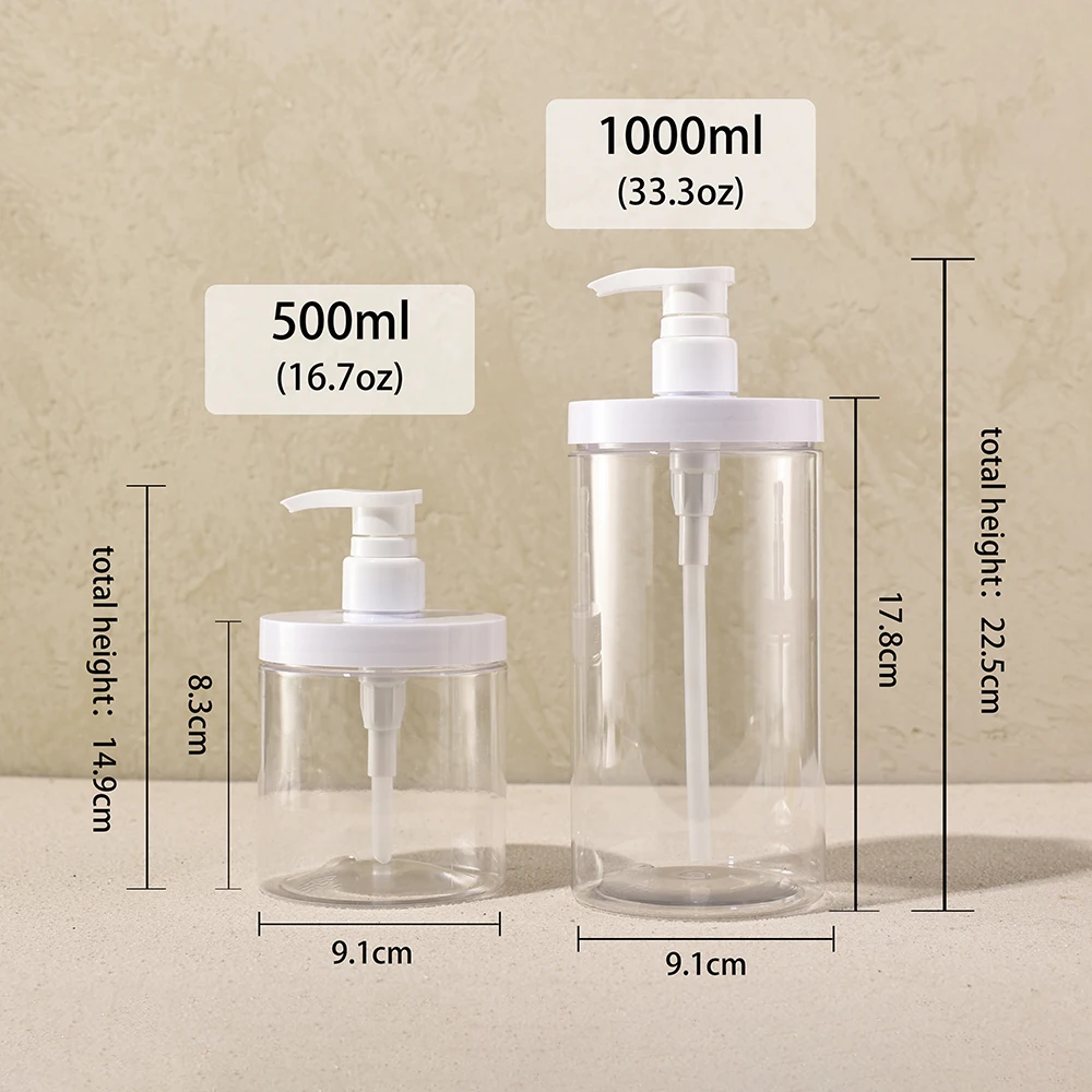 1pc 500ml/1000ml Pump Bottle Dispenser Plastic Refillable Bottles Wide Mouth Style Refillable Empty for Travel Shower Soap