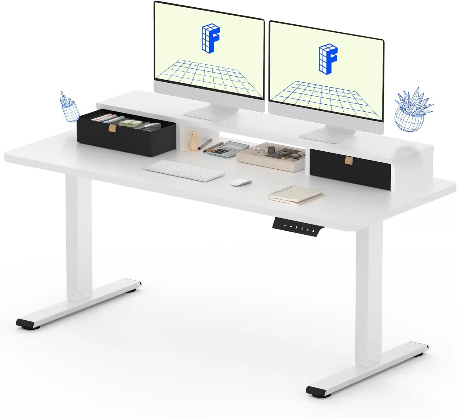 

Electric Standing Desk with Drawer, Solid One-Piece Adjustable Height Desk with Storage Shelf (White Frame/White Top 55 inch)