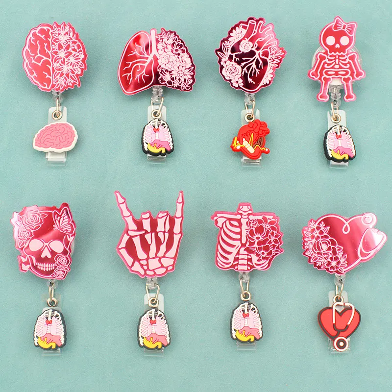 Pink Shiny Medical Human Organ Nurse Style Rotate Clip Retractable Badge Reel Card Holder Exhibition Name Card Parts