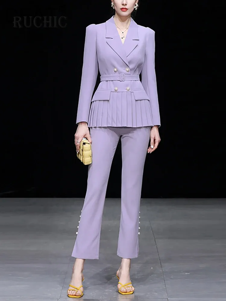 

2024 New Women’s 2 Pcs Set Notched Collar Long Sleeve Double Breasted Belt Pleated Blazer with Slim Pencil Pants Fashion Suit