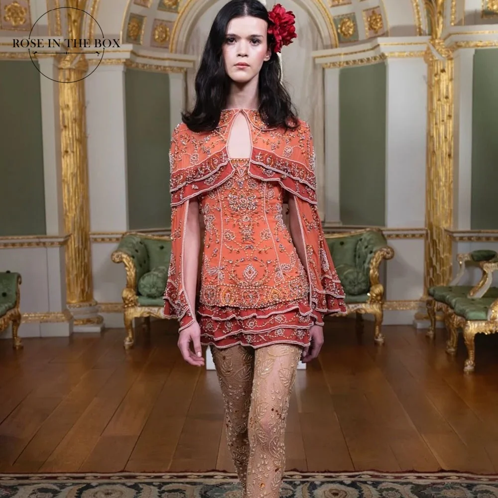 ROSEINTHEBOX Hochwertige, perlenbesetzte, kurze Partykleider, gestuft, orange-rot, über dem Knie liegend, Minikleid für Damen, Kleider mit Cape-Effekt