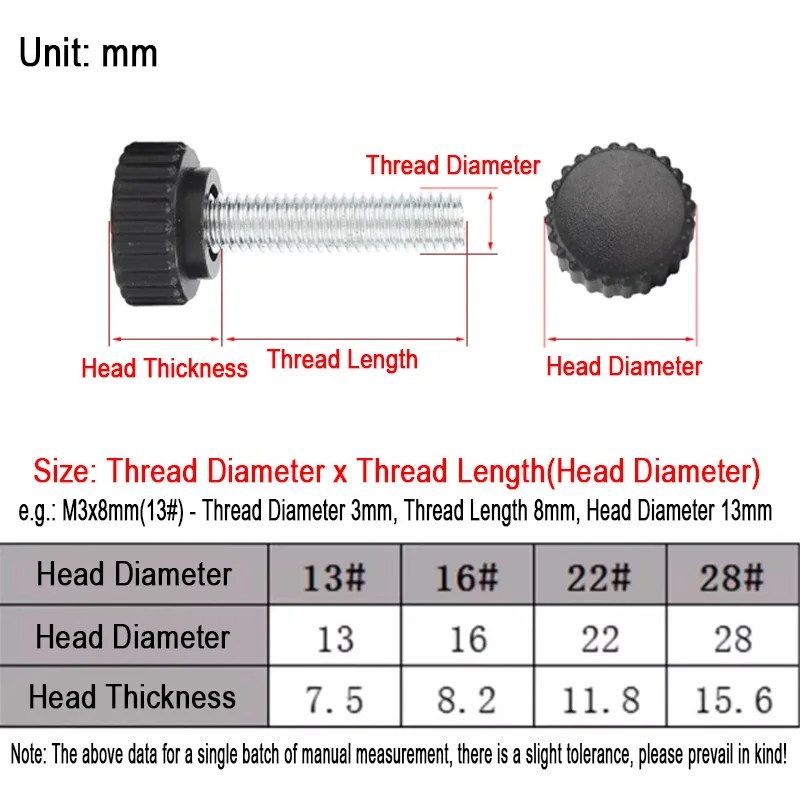 5/10pcs Black Plastic Knurled Thumb Screws 13# 16# 22# 28# M3 M4 M5 M6 M8 M10 Galvanized Iron Hand Grip Knob Bolts Fasteners