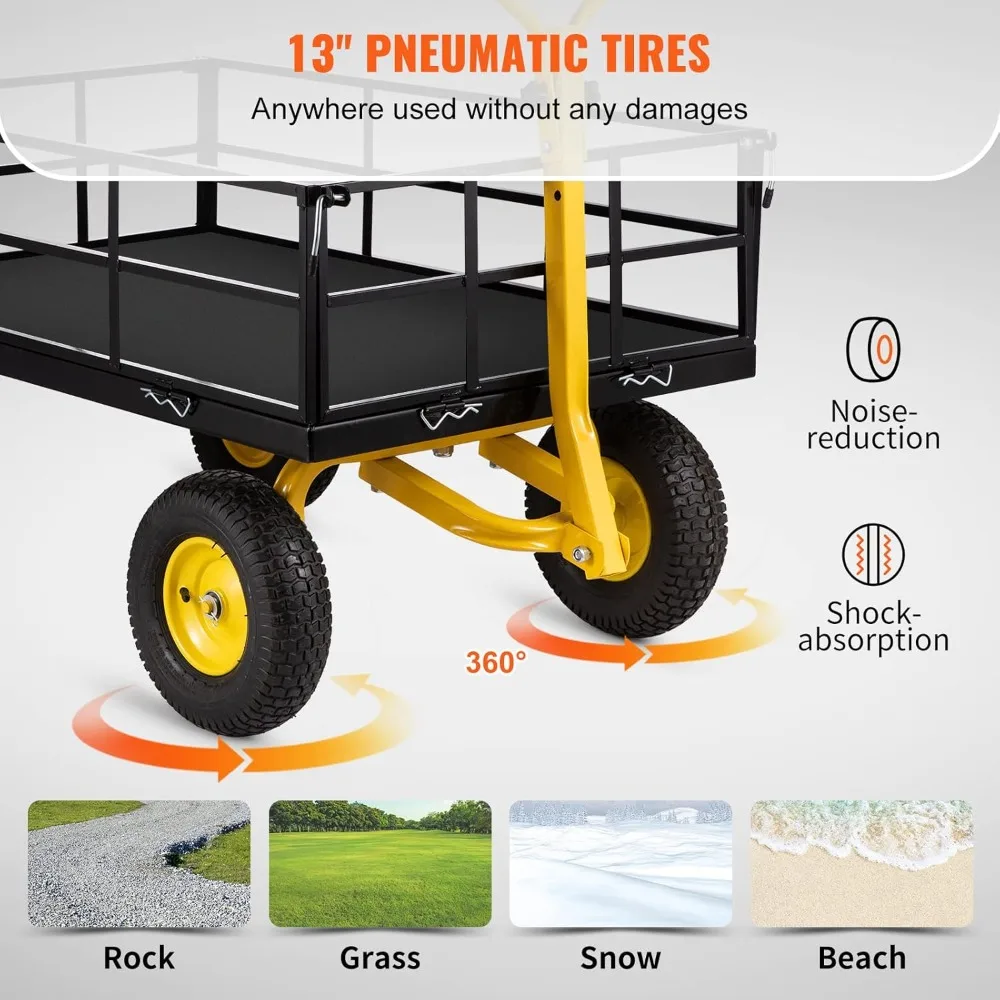 Steel Garden Cart, Heavy Duty 1200 lbs Capacity, with Removable Mesh Sides to Convert into Flatbed, Utility Metal Wagon