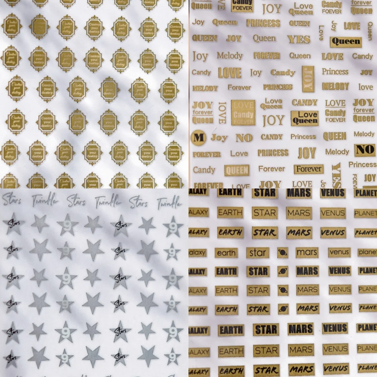 

Discounted Gold English Letter Geometric Figure Feather Lace Round Square Star Planet Nail Art Decoration Sticker Manicure Decal