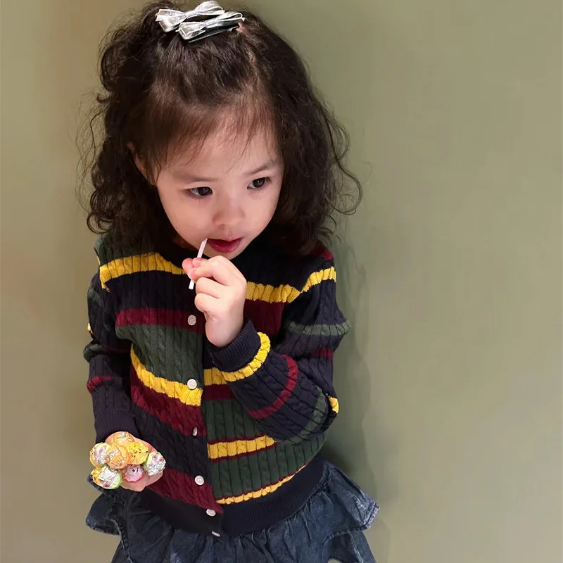 

2024 Knitted Sweater British Cardigan for Girls Boy Combed Cotton Color Blending Twists Cardigans Children Autumn Sweater Coat