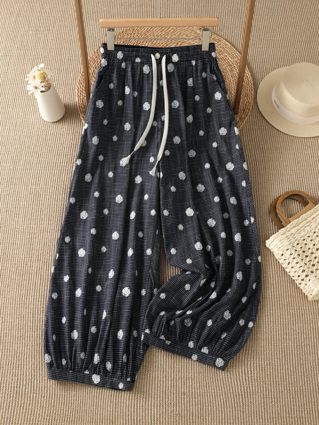 Korean Style Heavy Embroidery Polka Dot Lantern Pants Women Summer Loose Cuffed Elastic Waist Casual Nine Point Wide Leg Pants
