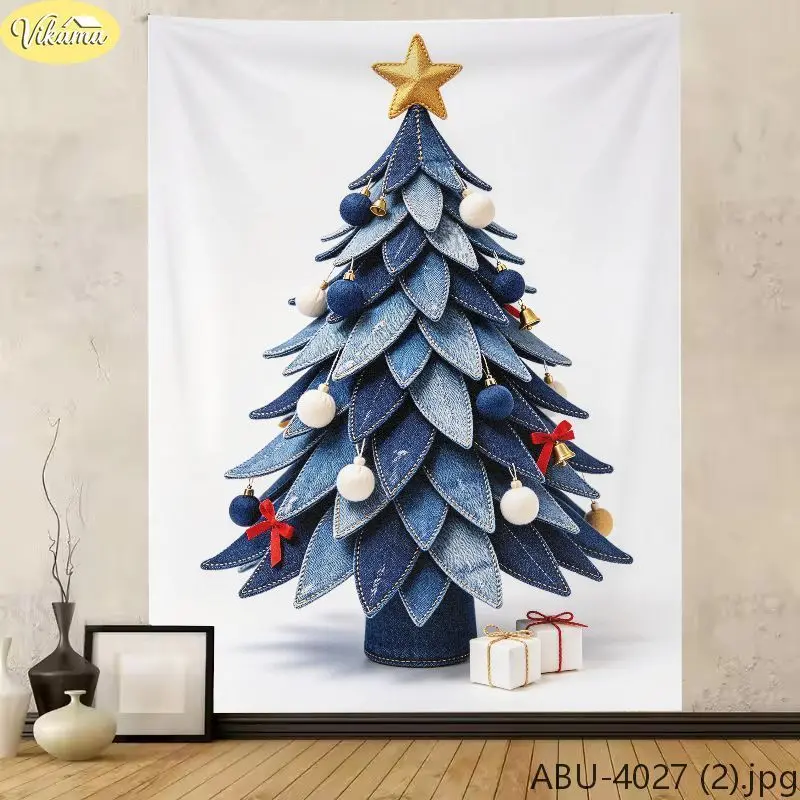 VIKAMA “Merry Christmas” Tapestry, Creative Denim Patchwork Christmas Tree Tapestry, Holiday Party Backdrop, Home Decor