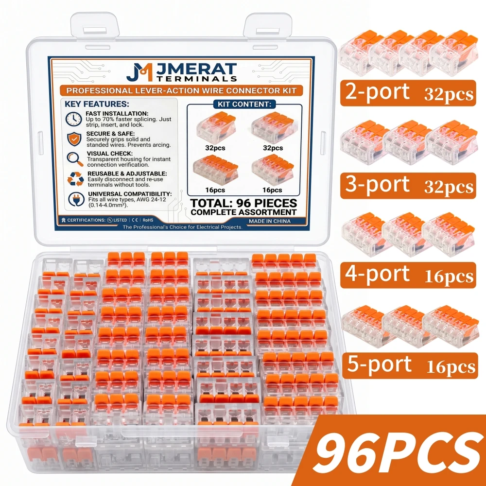 96PCS 2P/3P/4P/5P Flame Retardant Transparent Lever Wire Connector Kit, Reusable Detachable Terminal Blocks for Home DIY Electrical Wiring