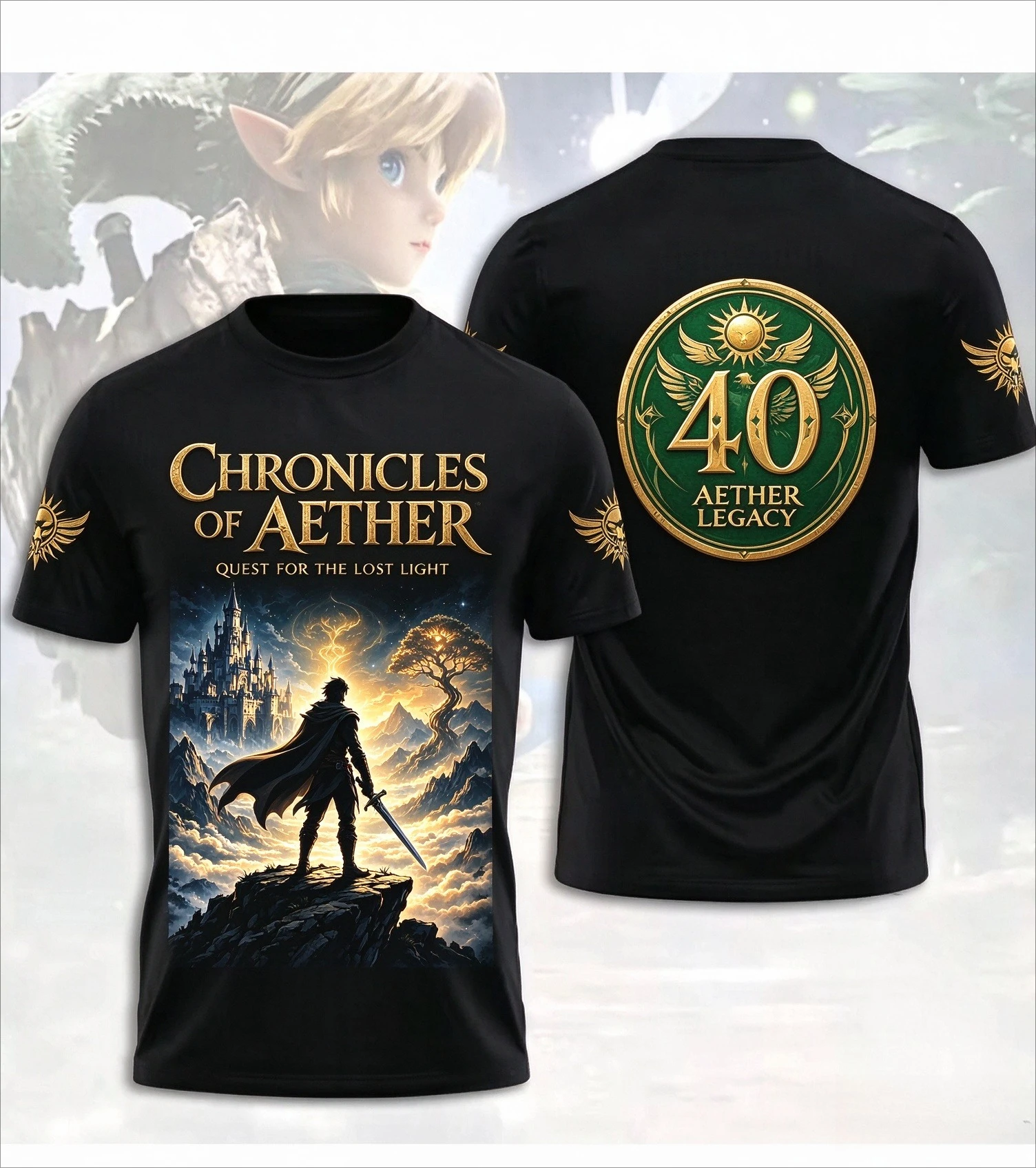 Y2K Fantasy Warrior Castle Scenery Shield Badge Graphic Tee Unisex Men Women Front Back Art Streetwear Short Sleeve T-shirt