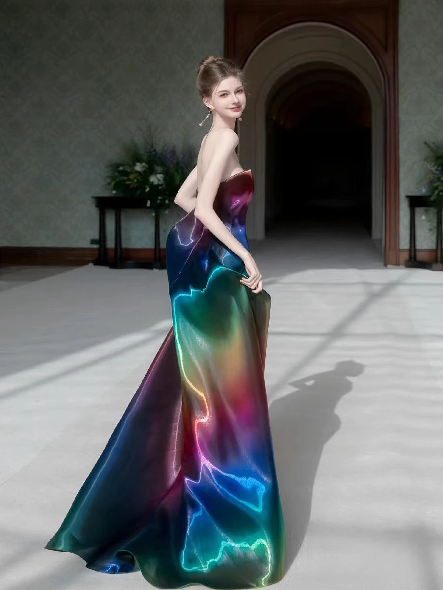 Rainbow Celebrity Dress Strapless Northern Lights Elegant Simple A-line Glitter Trailing Formal Evening Party Gowns