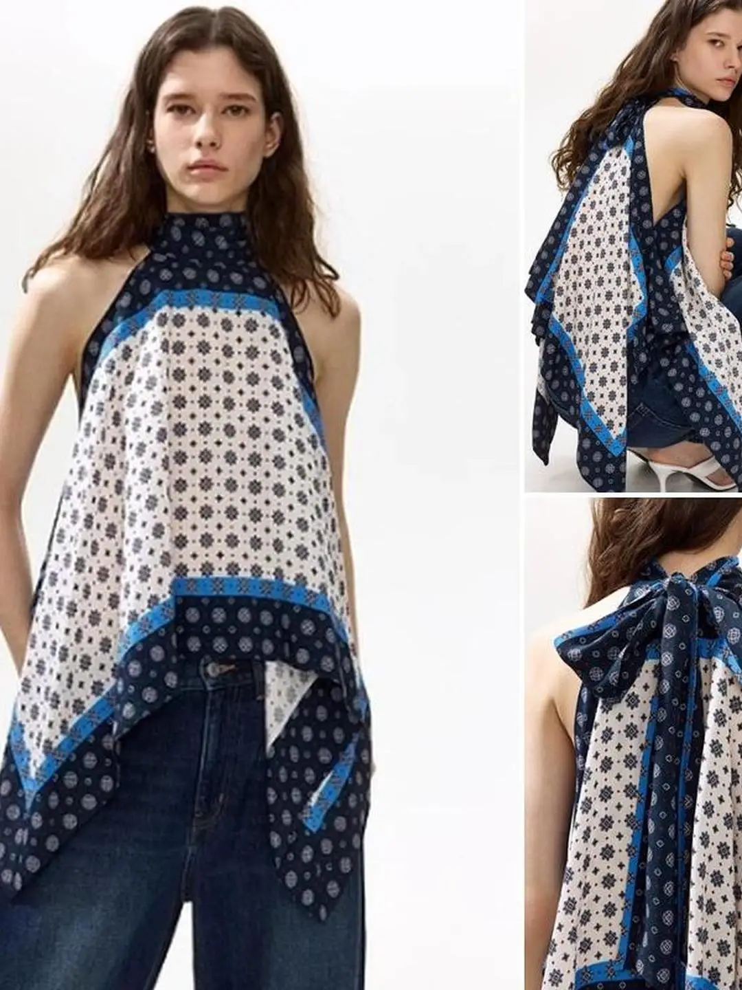 Asymmetric Hem  Knot Loose Fitting Printed Top High Collar Hang Neck Style Women's Summer Fashion Citywalk Shirt