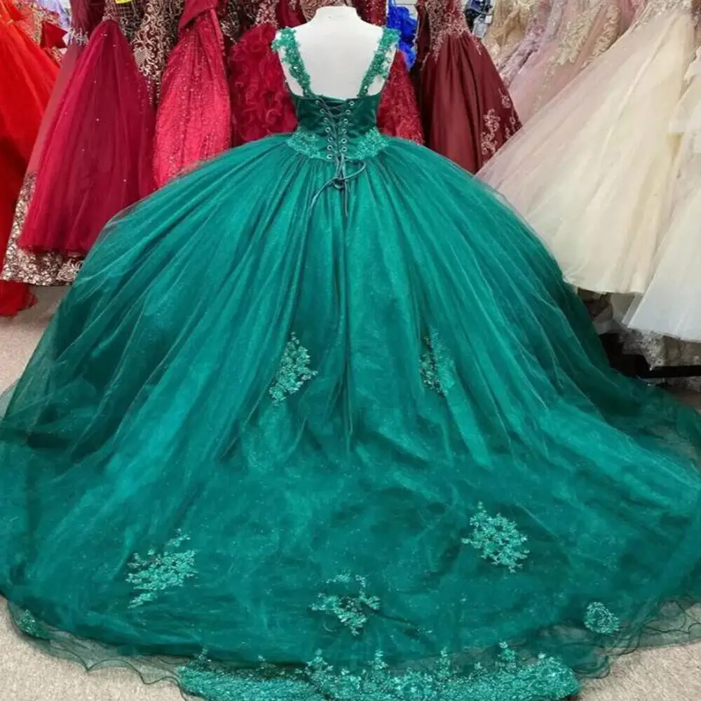 ANGELSBRIDEP-vestido quinceanera verde esmeralda para meninas, apliques artesanais de renda, espartilho com contas plus size, vestido de baile doce 15, vestido para festa