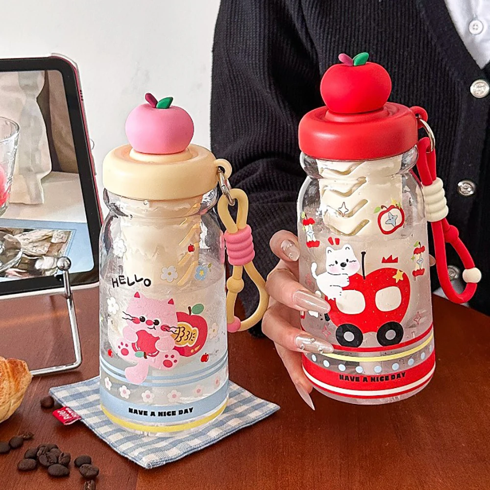 600ML Summer Cute Cartoon Water Bottle with Straw Tea Infuser Plastic Leakproof Cup Apple Dust Cap & Lanyard Portable Office Cup