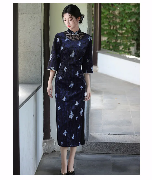 

Autumn Winter New Chinese Style Improved Cheongsam Elegant Black Velvet Long Sleeve Dress Women Vintage Dresses Long Vestitos