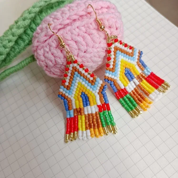 Beaded earrings Originality Personality Fashion Graphical Simplicity Rainbow House Tassel Hand woven Bohemia Rice bead earrings