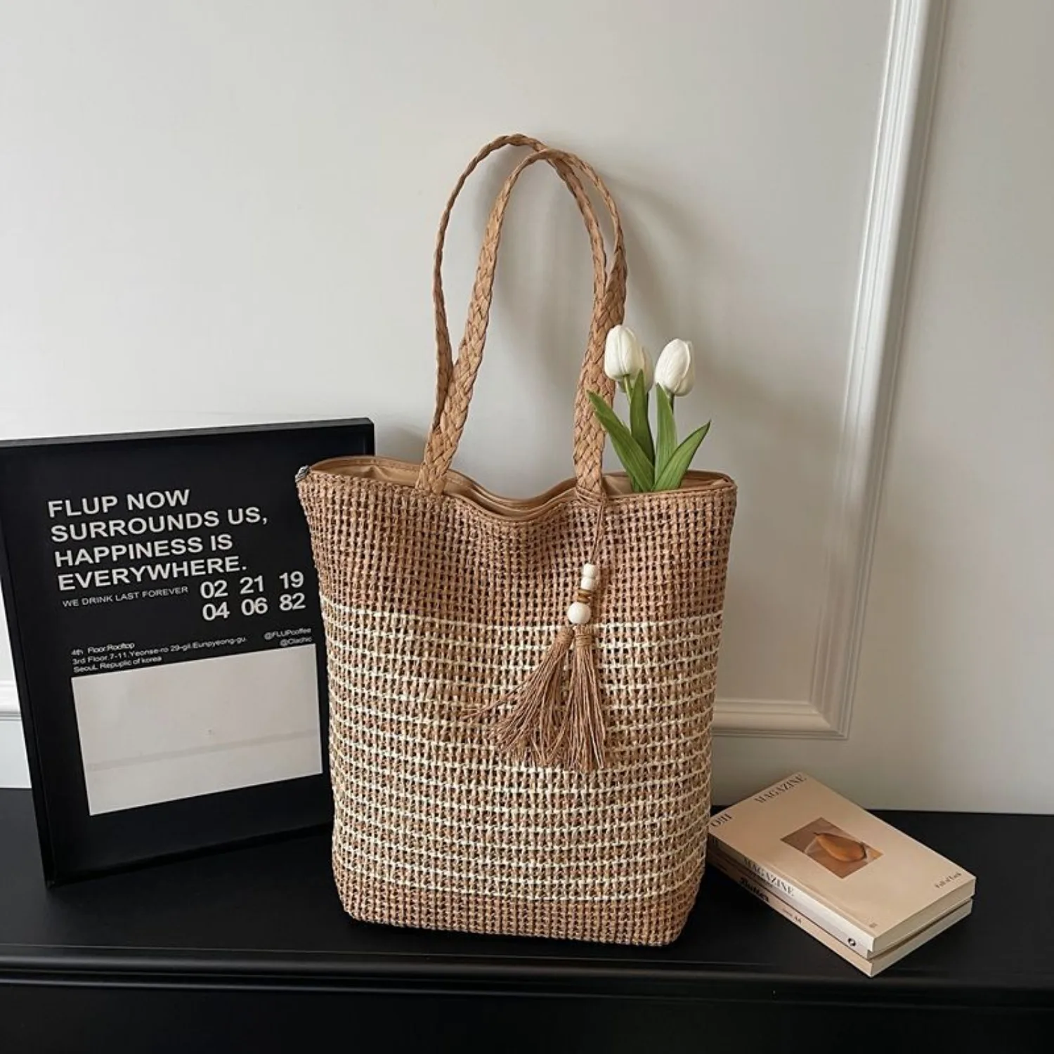 

Пляжная сумка-тоут из соломки с бахромой, модная женская сумка, стильная повседневная сумка для летнего отдыха, женская сумка-тоут на молнии