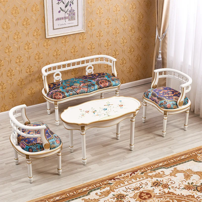 For ivory white single and double chairs, oval coffee table, living room furniture combination, hand-painted painting