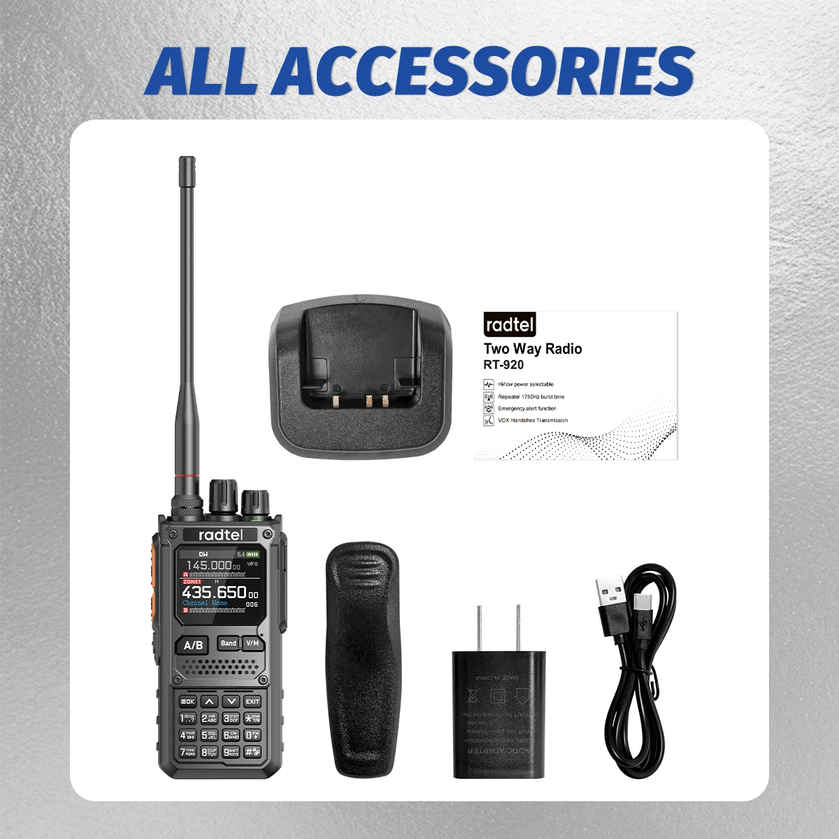 Radtel RT-920 ShortWave UHF VHF LSB USB CW Rx เครื่องวิเคราะห์สเปกตรัมวิทยุ AM FM Ham Radio เครื่องชาร์จเดสก์ท็อปและเครื่องส่งรับวิทยุประเภท C