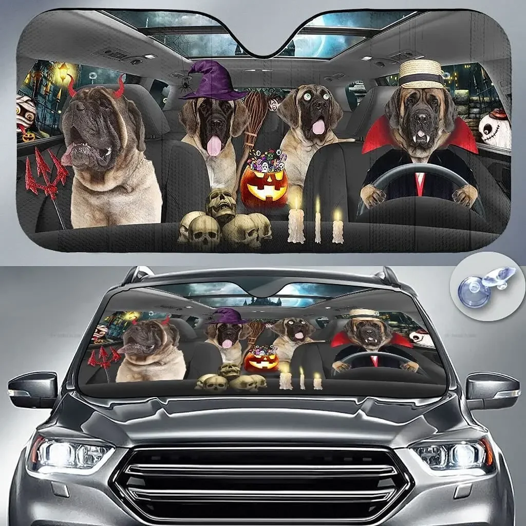 Funny English Mastiff Family in Costumes Halloween Driving Car Sunshade Windshield Window, Gift for Dog Mom, Car Windshield Auto