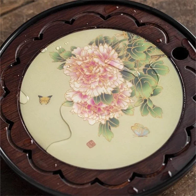 Bamboo Tea Tray for Draining Water Household Tea Set Simple Tray Circular Water Storage Drain