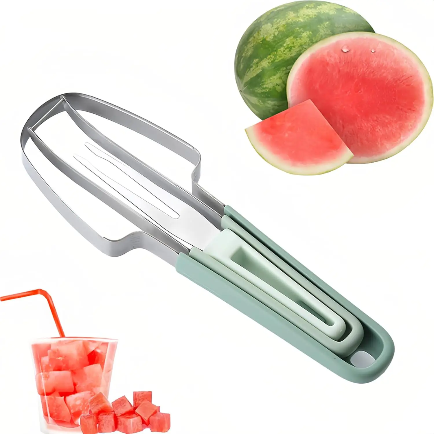 

3-in-1 Watermelon Fork Slicer, Stainless Steel Watermelon Popsicle Watermelon Slicer Tool Watermelon Portable Fruit Fork Suit