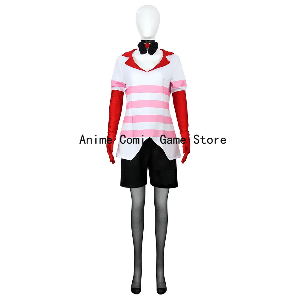 

In Stock XS-2XL Anime Angel Dust Cosplay Costume Pink V Neck StripeDress Sweatshirt with Gloves Halloween Christmas for Women