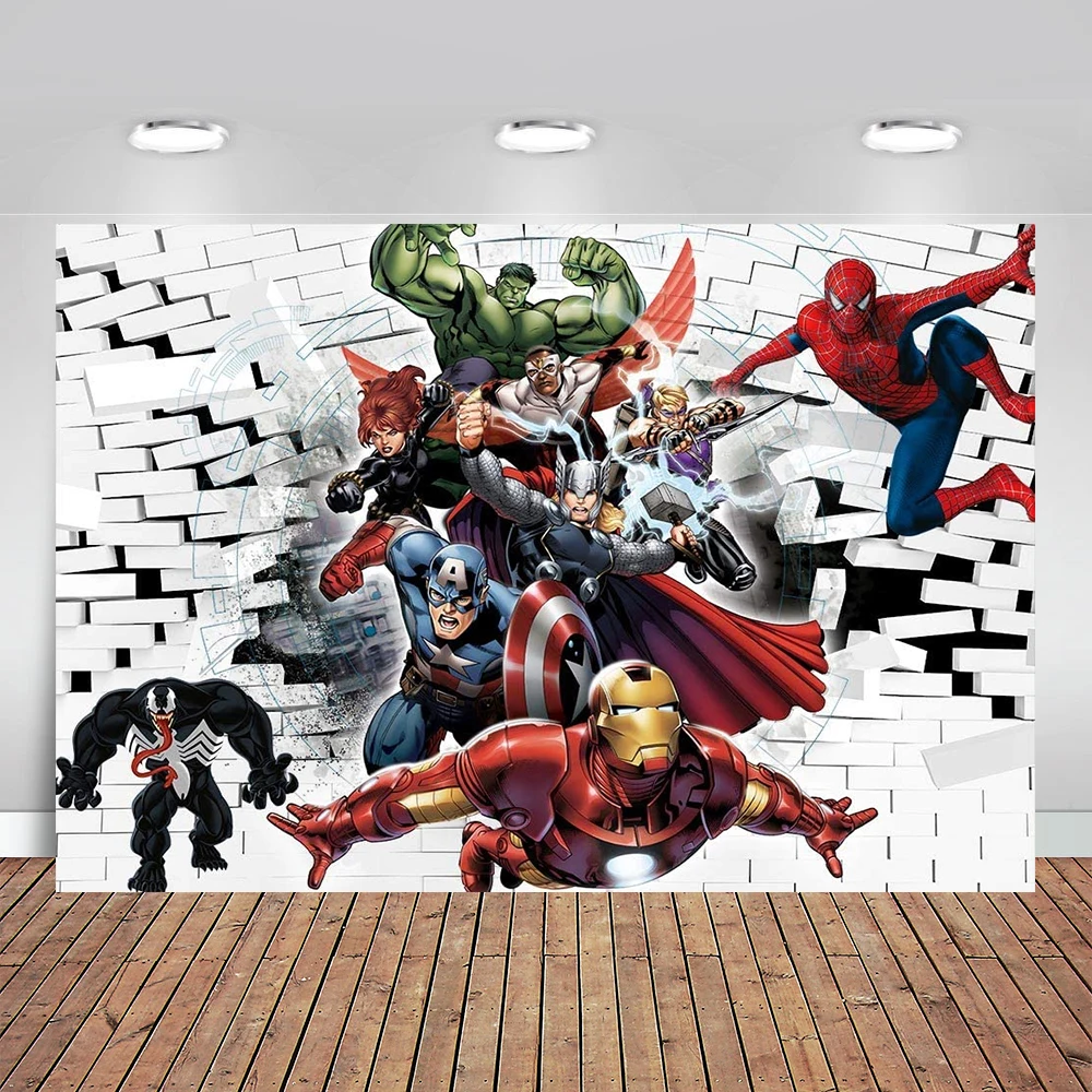 Superman Theme Photography Backdrop Super City Spiderman White Brick Wall Photo Background for Superhero Spiderman Kids Banner