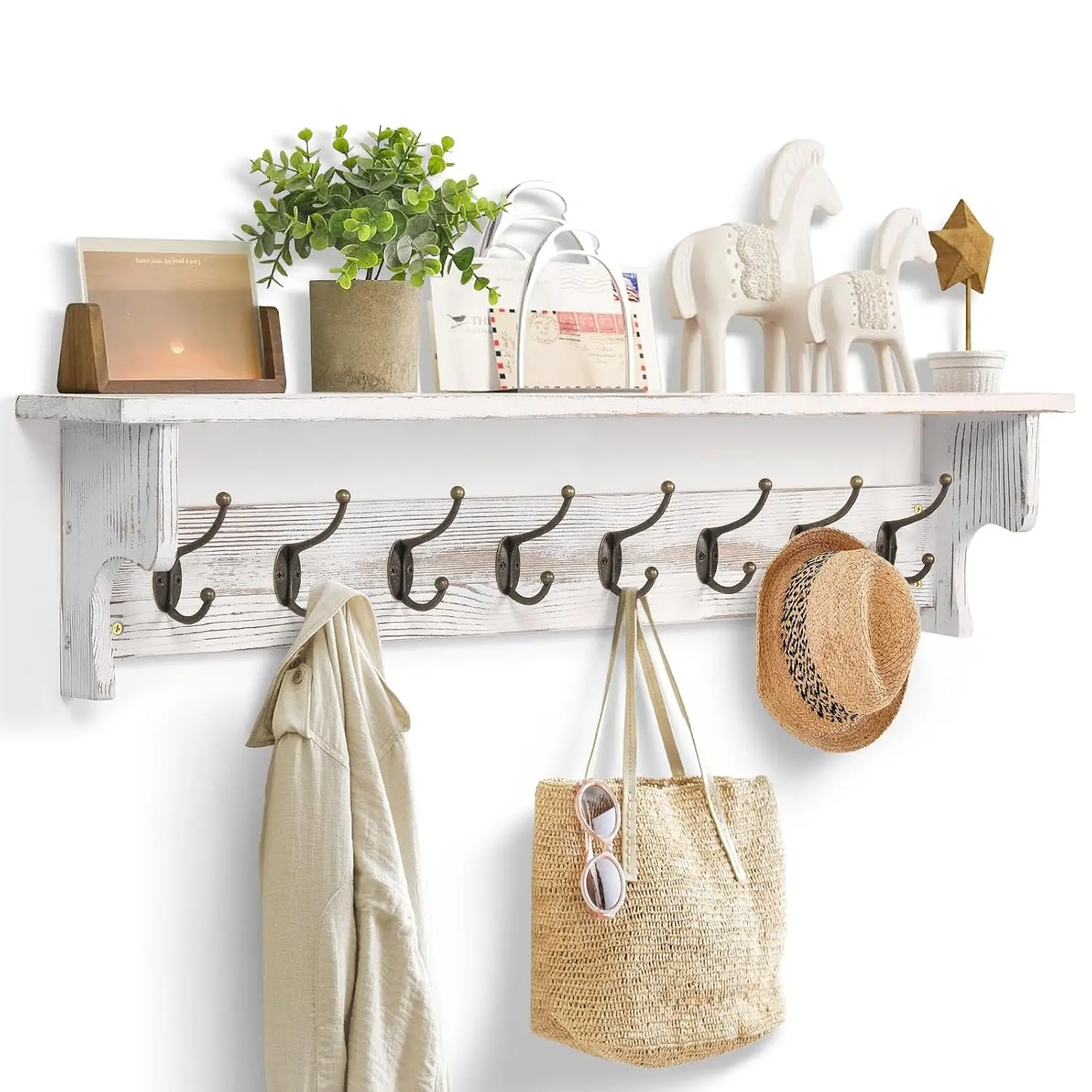 

35.8'' Wood Coat Rack Wall Mount with Shelf, White Wall Coat Rack with Hooks, Farmhouse Rustic Coat Hooks for, Customized