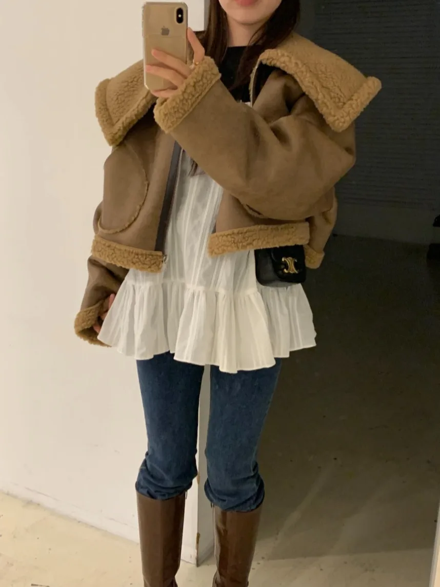 Lamb Fur Collar PU Leather Jaet Women Loose Lazy Sle Fce Lined Warm Biker Clothes Large Collar  hine Waable