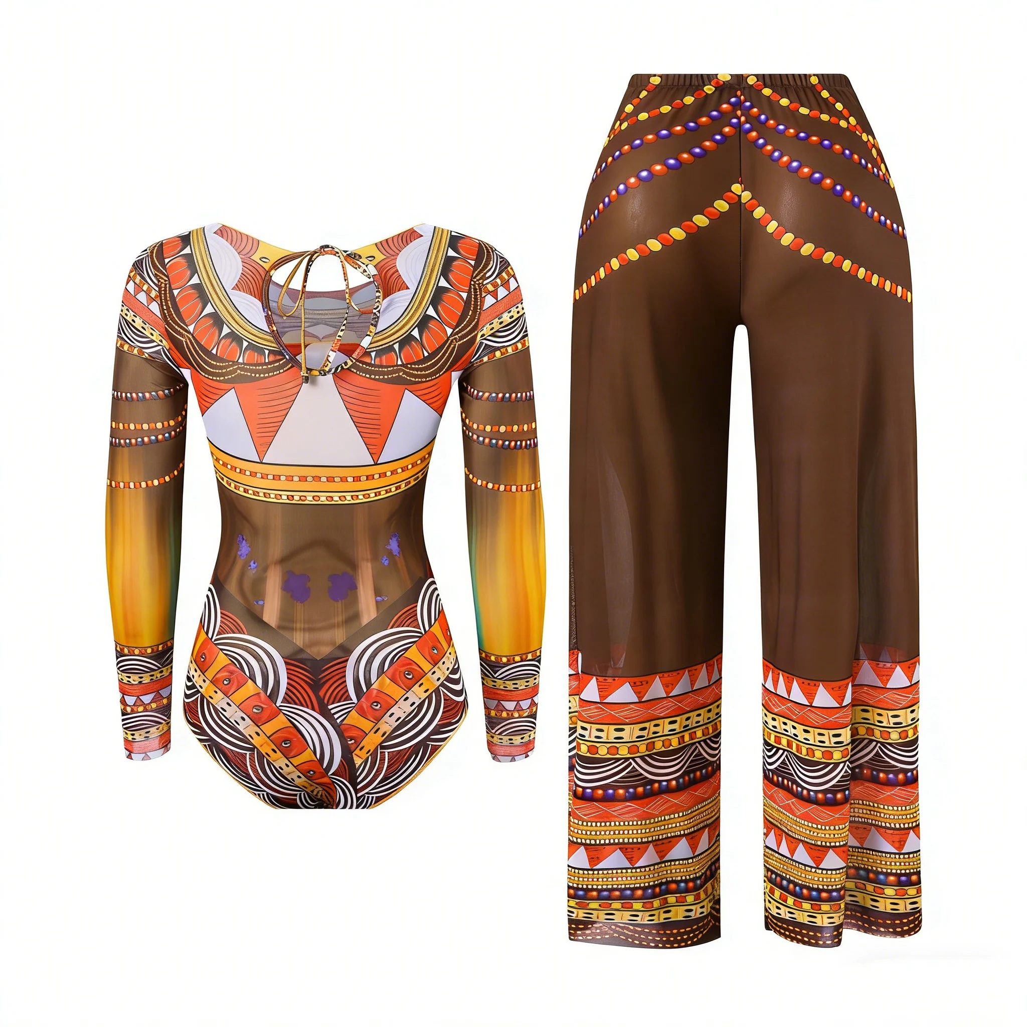 

Women's One-Piece Mesh Long-Sleeve Sun Protection Swimsuit Two-Piece Bikini with Chiffon Pants New Fashionable Swimwear