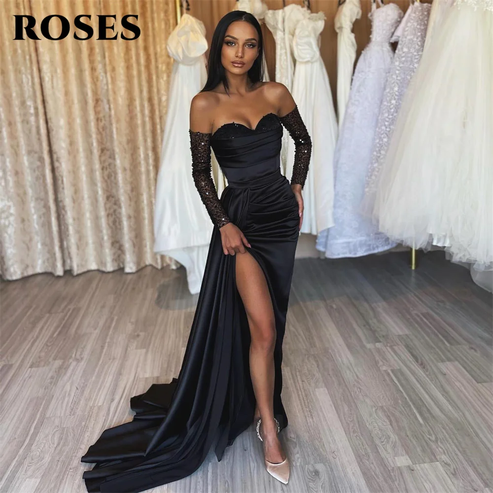 ROSES Off The Shoulder Chic Woman Evening Dress Black Sequin Gown Ball Gown Pleat Night Dress Gown Court Train robes de soirée