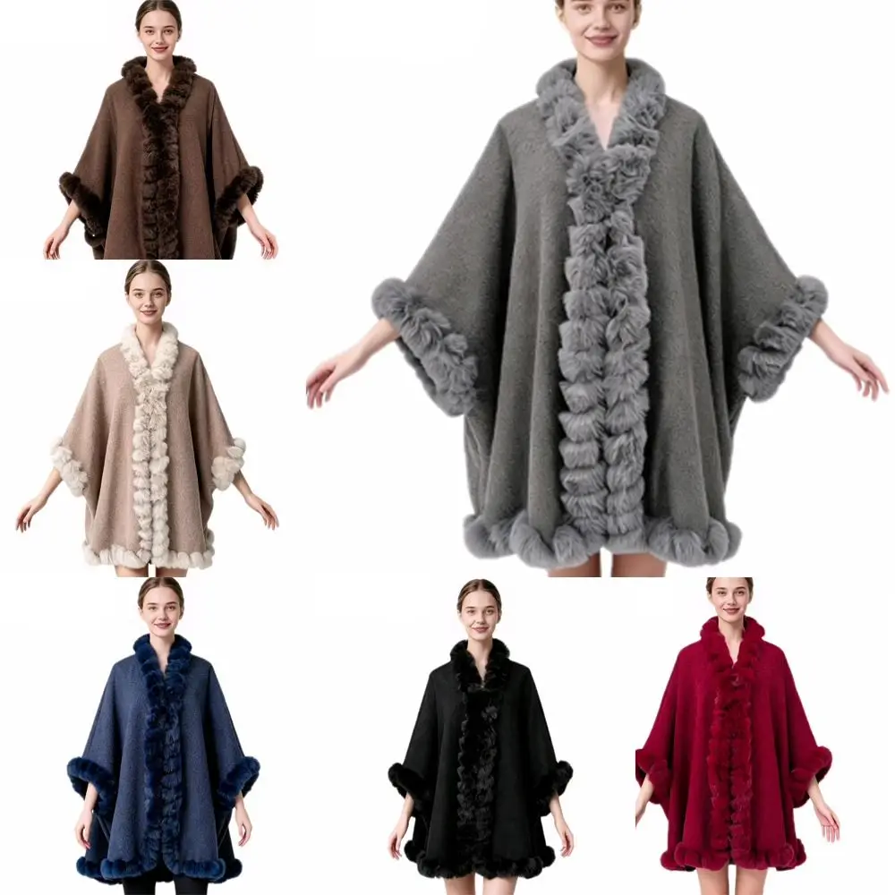 Moda piel de conejo sintética invierno mujeres envuelve grueso cálido largo chal prendas de vestir exteriores capa de punto suelta
