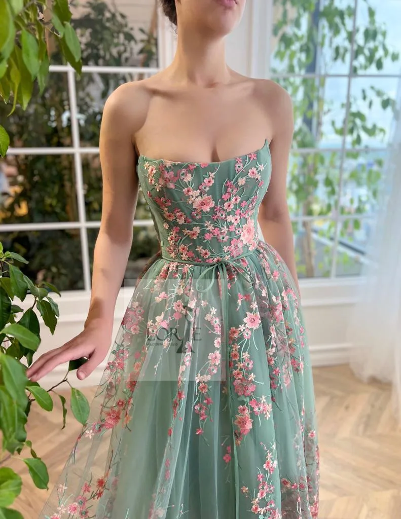 LORIE Strapless Embroidered Plum Blossom Prom Dresses A Line Ankle Length Floral Lace Prom Party Gowns 2023 Formal Evening Dress