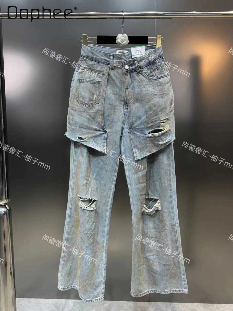 

Retro Inkjet Stitching Fake Two-Piece High Waisted Jeans 2024 Summer Thin Style Street Hipster Distressed Loose Hole Women Jeans