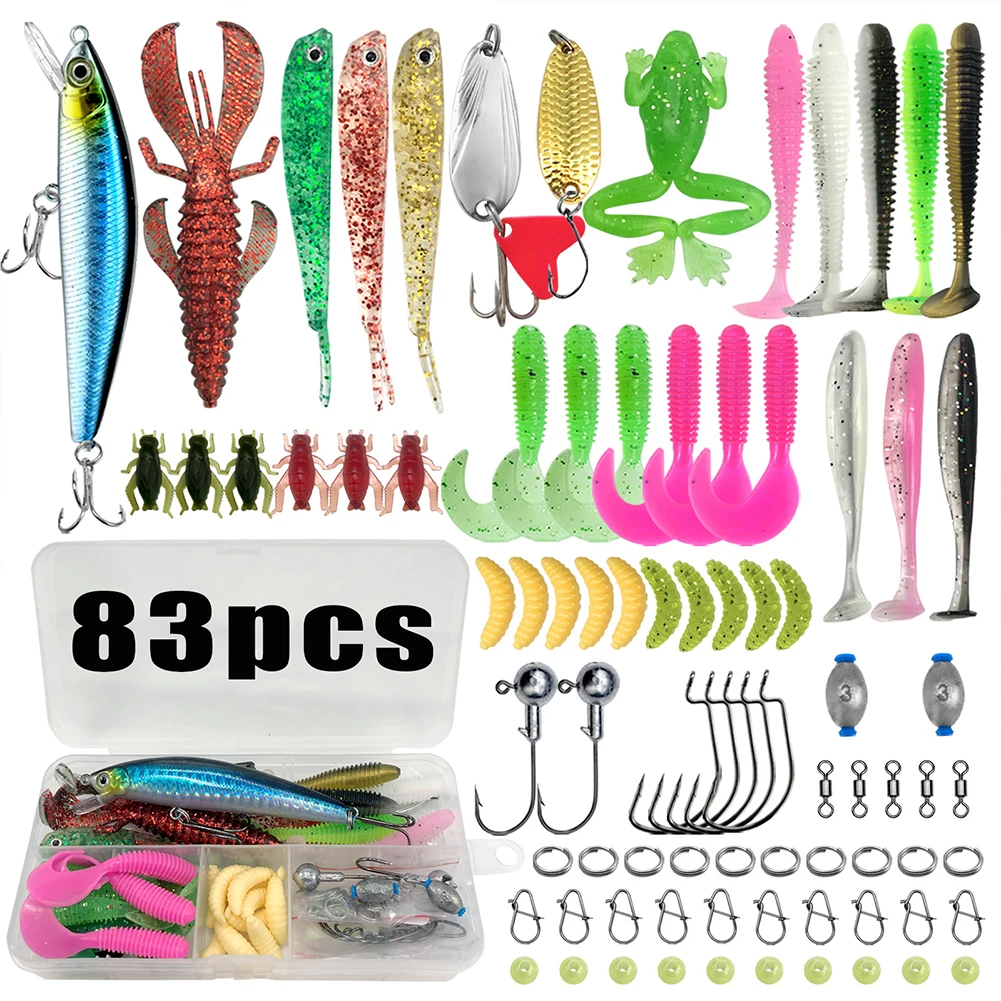83-teiliges Angelköder-Set, weiche und harte Köderhaken, Sinker-Gewichte für das Angeln von Barschforellen, Süßwasser und Salzwasser