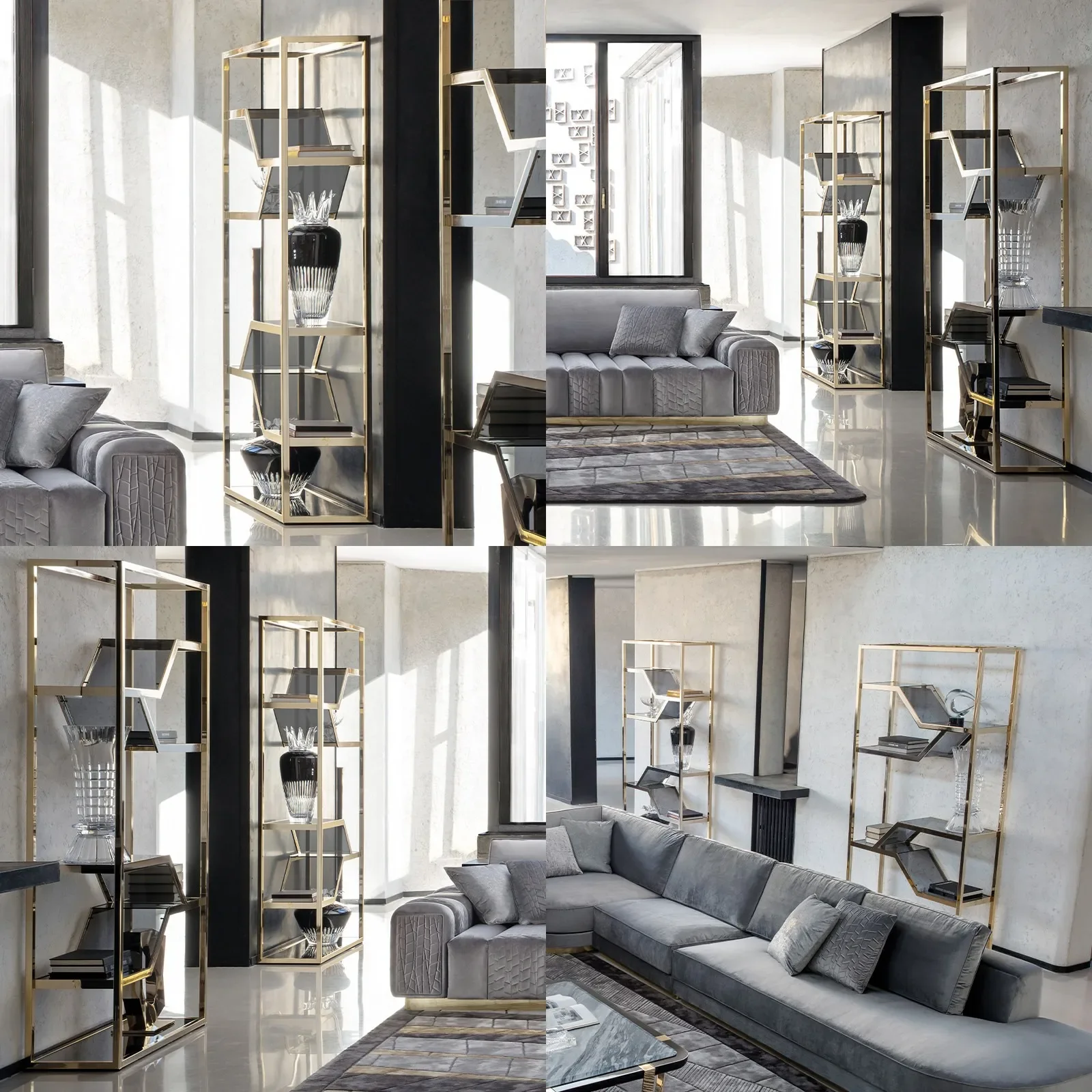 BJ Italian Luxury Stainless Steel Bookshelf Wall-Mounted Tempered Glass Shelves Display Rack For Living Room Office Partition