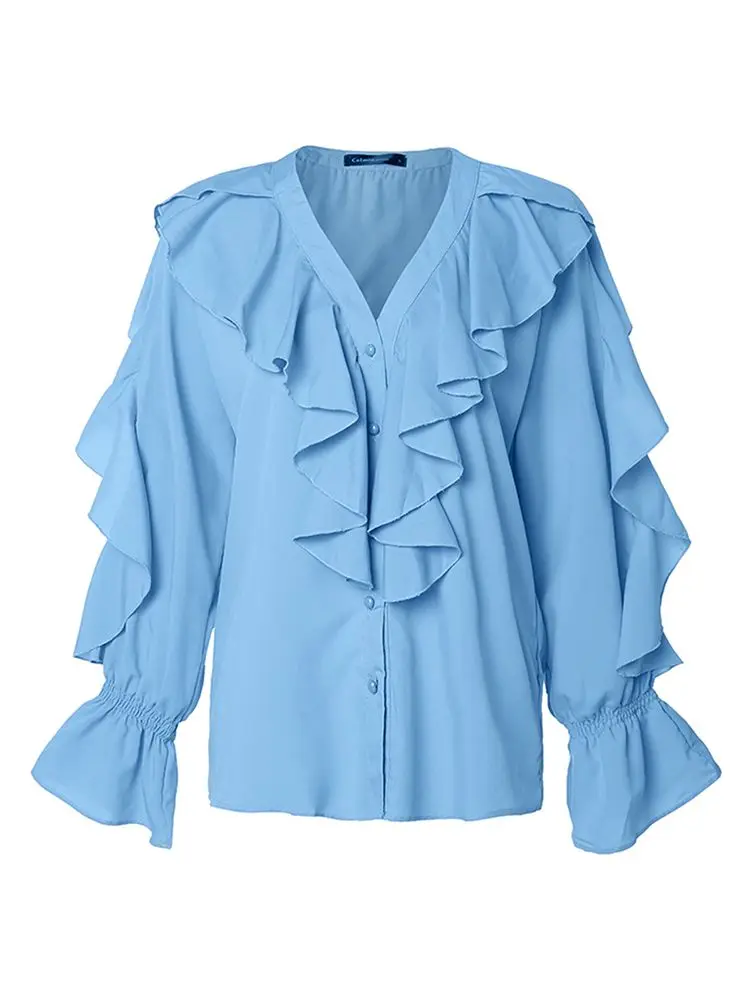 Celmia Women Ruffles Blouses 2023 Fashion Sexy V neck Tops Elegant Long Sleeve Flare Cuff Shirts Casual Button Up Party Blusas