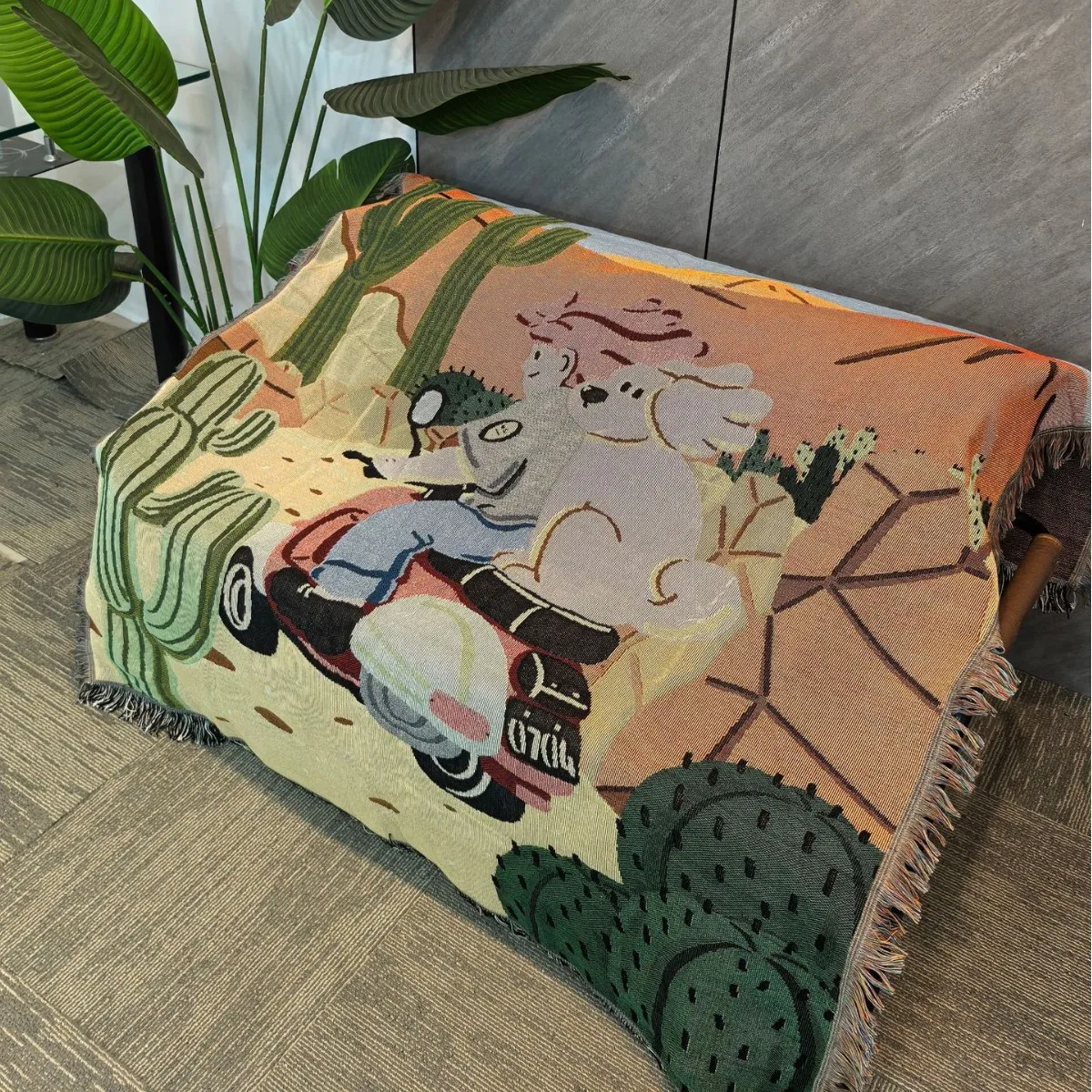Textile City Desert Adventure Dog Throw Blanket Cactus Scooter Road Trip Woven Tapestry with Fringe Cute Cartoon Decor Throw