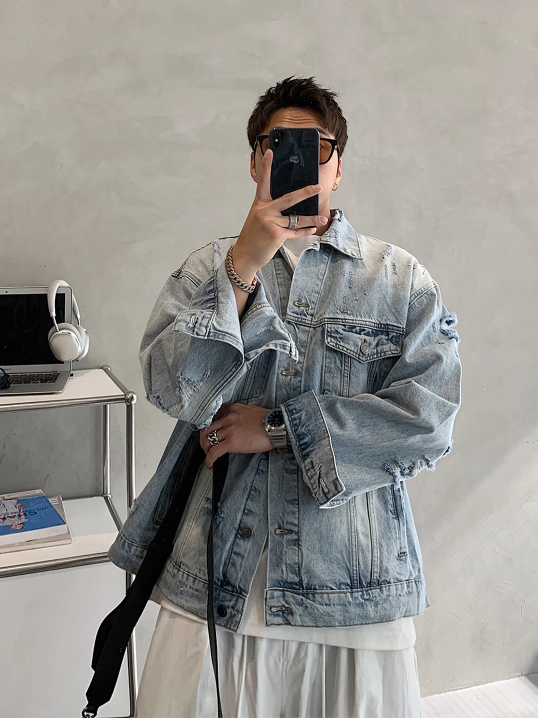 

Retro Vintage Men's Denim Jaet Spring Autumn New Sle Hong Kong Sle Loose Fit Couple's Jaet with Hole for Youth