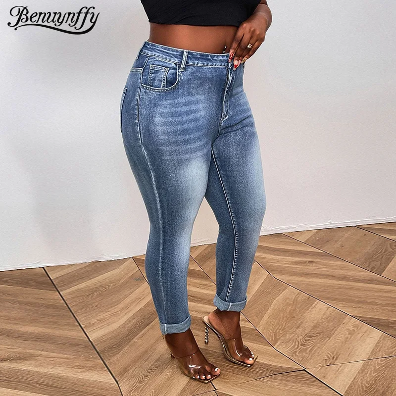 Benuynffy حجم كبير الموضة الأمريكية سليم صالح نحيل الجينز للنساء 2025 الشارع الشهير ريترو منتصف الخصر مثير الدينيم سروال شكل قلم رصاص