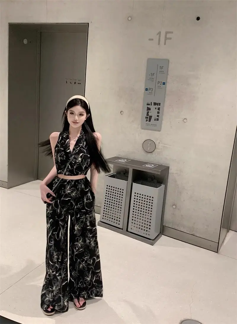 Two-Piece Sleeveless Slim Short Top Loose Slim Trousers Suit Floral Print Wide Leg Pants Women Chiffon France Style 2024 Summer