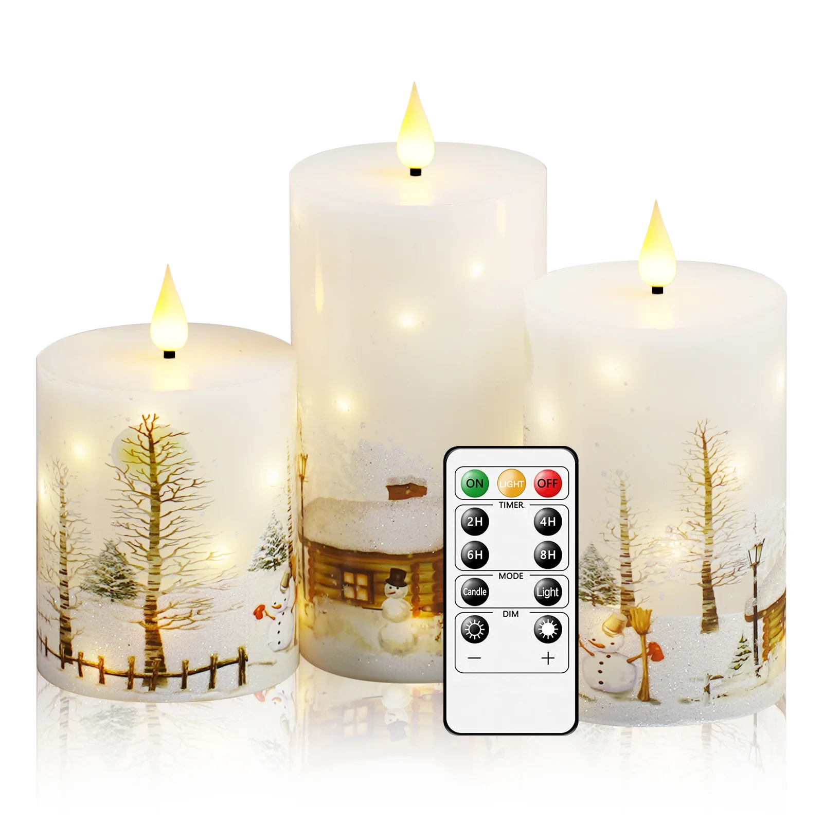 Paraffin Wax LED Flameless Candle Christmas Village Print Built in Fairy Light Christmas Decor Candle Christmas Gift Centerpiece
