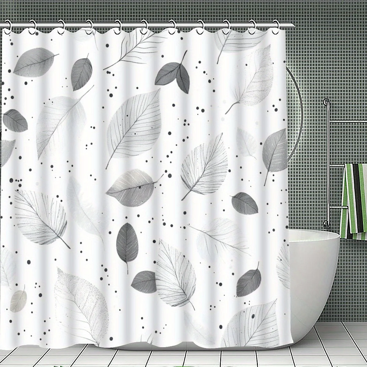 Minimalist Black and White Leaf Bathroom Set - 4 Pieces: Shower Curtain + Rug + Toilet Seat Cover, U-Shaped Mat