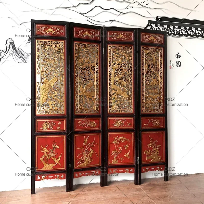Dongyang Wood Carving Folding Screen Flower and Bird Pattern Single Sided Four Panel Solid Wood Porch Partition Room Divider