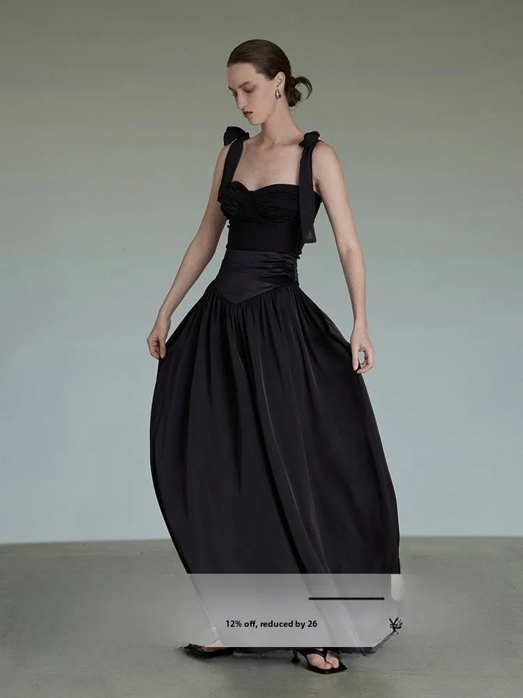 

Bla Strapl Crop Top And Dr Set for Women Sexy f-length Design High-quali Commute Sle Comfortable Fabric