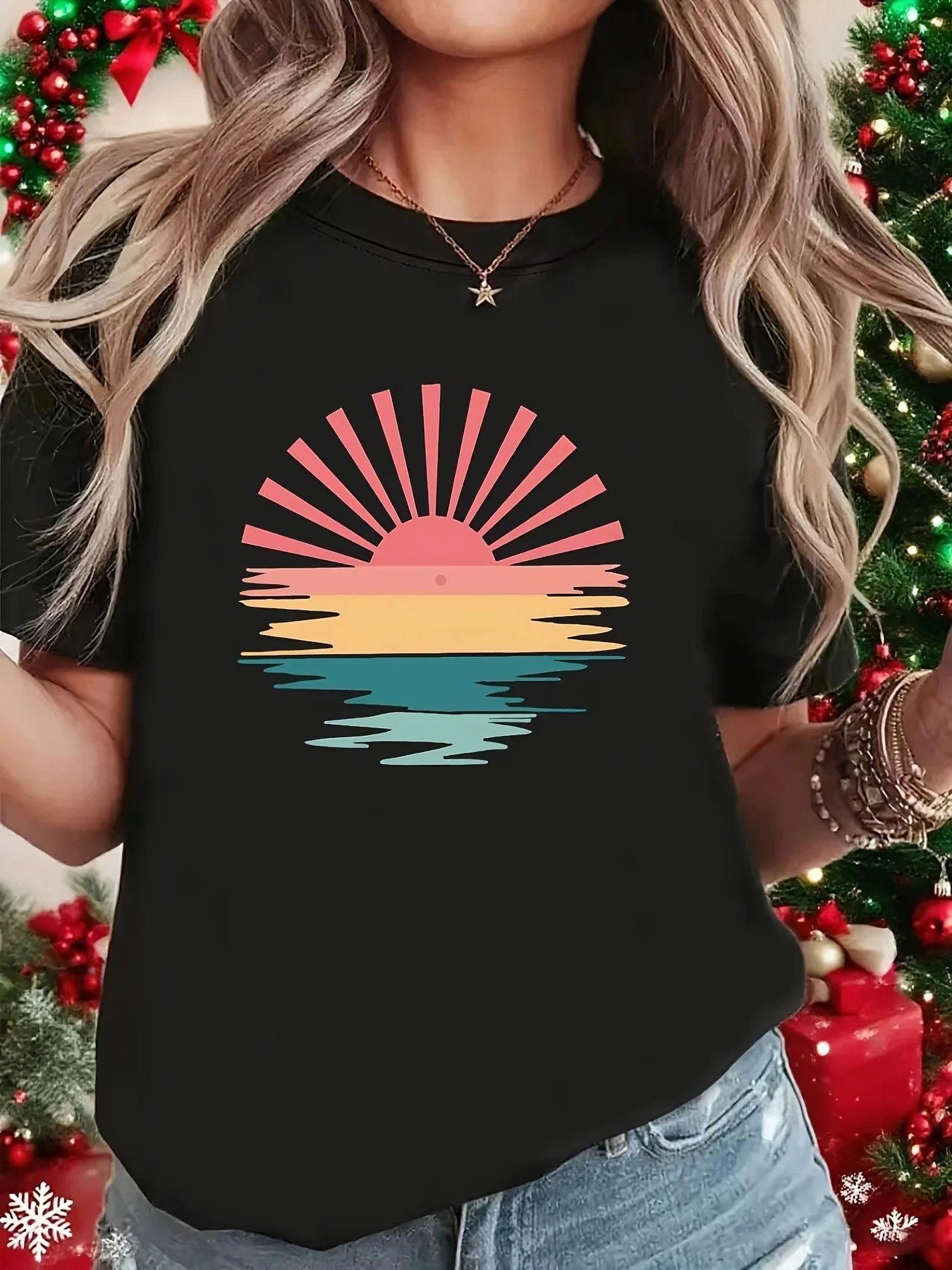 Women Sunset Vacation Vintage Ripple Print Black Round Neck Short Sleeve Tshirt Casual Holiday Party Daily Fashion Top