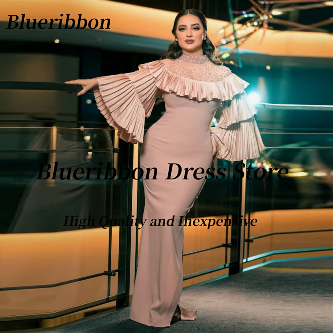 

Blueribbon Dubai Arabia Women Wear Luxury Evening Dresses Beaded High Collar Prom Dress Pleats Long Sleeves Trumpet Party Gowns